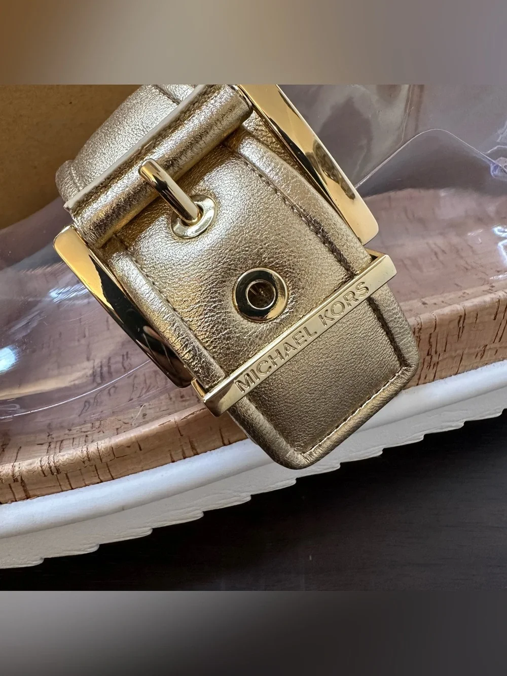 Michael Kors Colby Gold Leather Slide Sandals Buckle Cork Footbed Women's 11